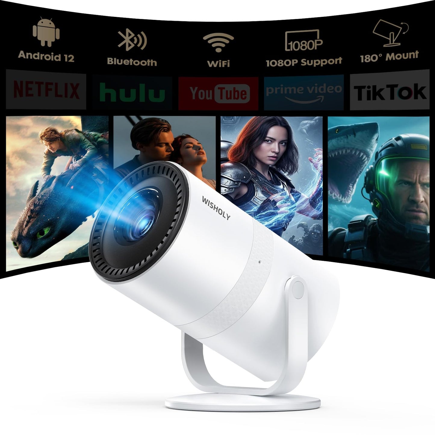 Mini Projector with Android 12 & Built-in Apps, Electric Focus Portable Movie Projector, 1080P Support, WiFi & Bluetooth, 180 Ro