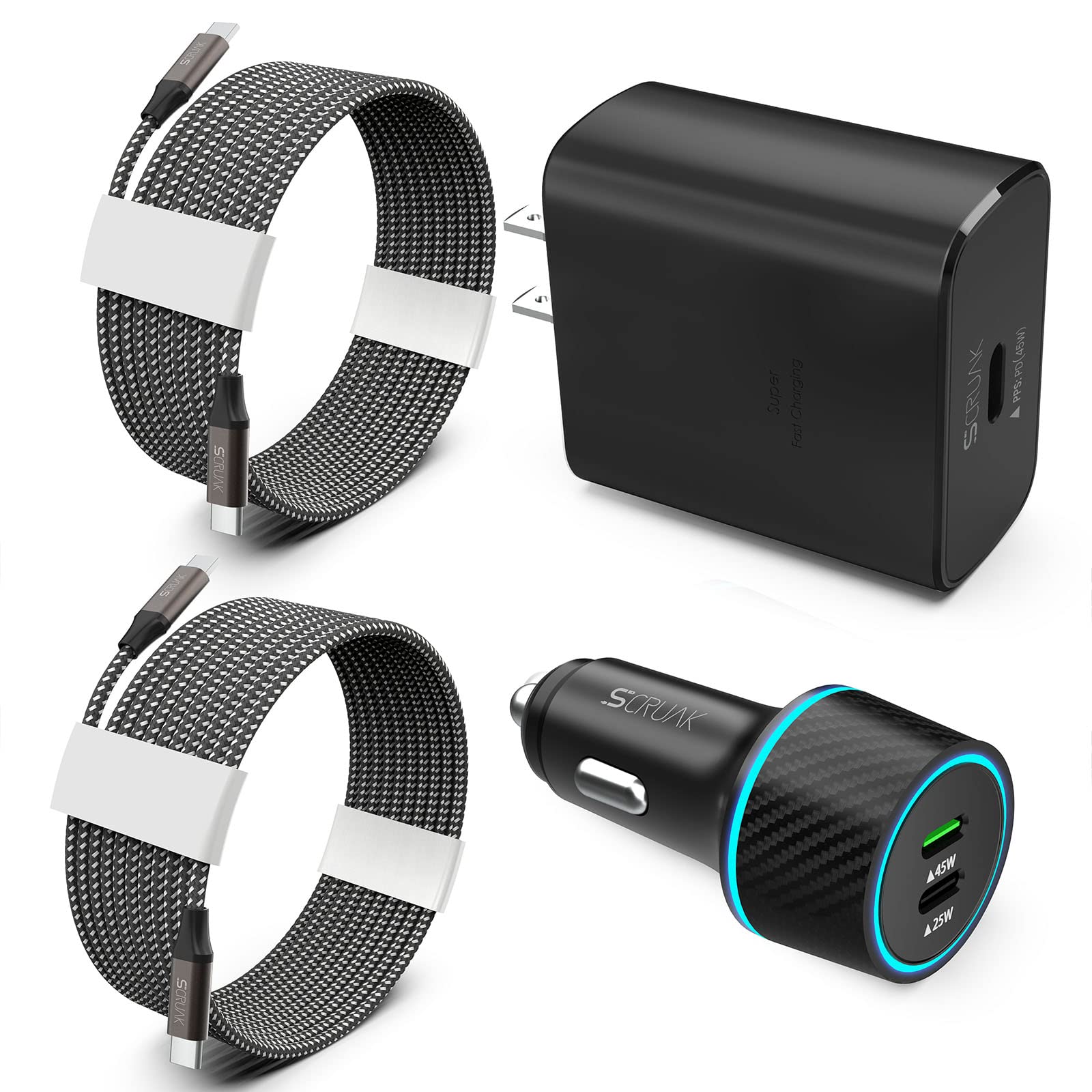 S24 S25 Ultra Charger Type C, SCRUAK 45W PPS Super Fast USB-C Wall/Car Charger for Samsung Galaxy S25 Ultra/S25+/S25/S24 Ultra/S