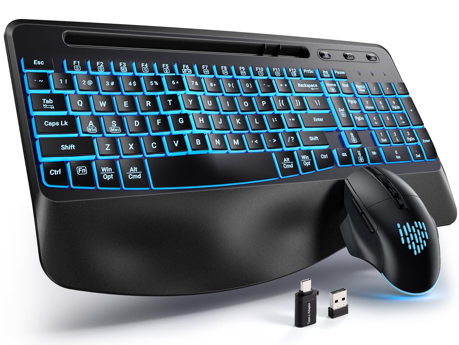 Hamile Wireless Keyboard and Mouse Combo : Ergonomic Wave Keys for Natural Typing, Full Size Keyboards with Wrist Rest, Quiet Ba