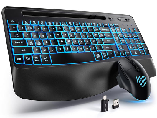 Hamile Wireless Keyboard and Mouse Combo : Ergonomic Wave Keys for Natural Typing, Full Size Keyboards with Wrist Rest, Quiet Ba