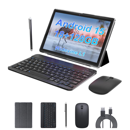 Android 15 Tablet 10 inch Tablet 2 IN 1 Tablets with Keyboard Mouse Case Stylus 18GB RAM 128GB ROM 2TB Expand, Android 15 Tablet