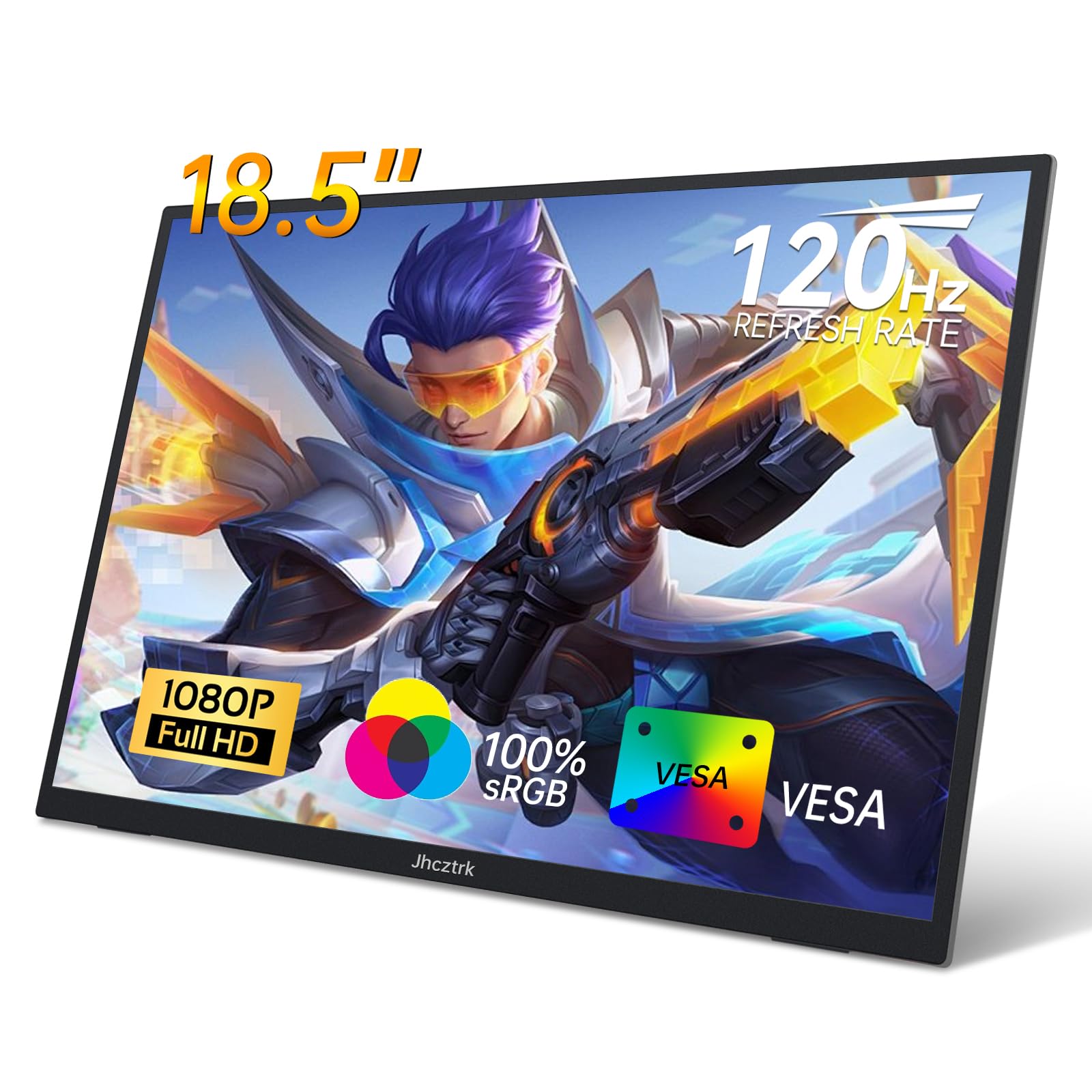 Jhcztrk Portable Monitor 18.5 Inch 120Hz FHD 1080P HDMI USB-C, 99% sRGB, HDR Gaming Monitors Built-in Speakers Kickstand and VES