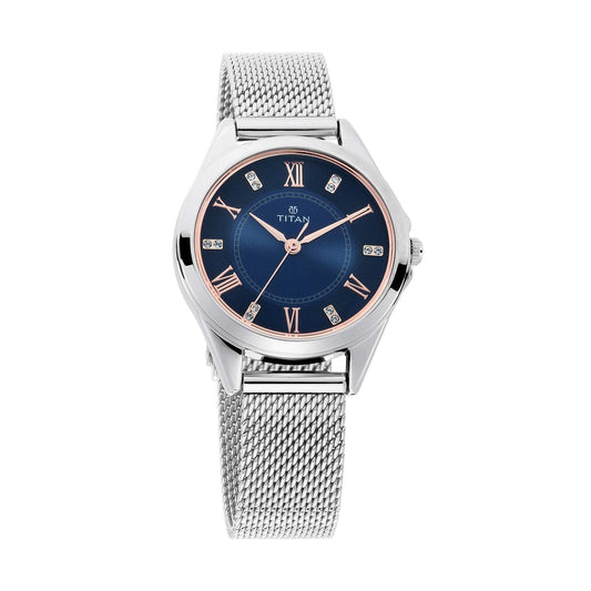Titan Sparkle Women’S Watch With Swarovski Crystals | Quartz, Water Resistant, Mesh Band | Silver Band And Navy Blue Dial