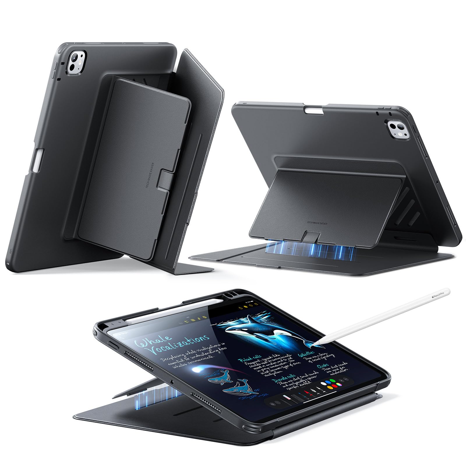 ESR for iPad Pro 11 Inch Case (M5/M4) 2025/2024, Vertical Stand Cover, Multi Stand Angles, Ultra-Stable Case with Pencil Holder,