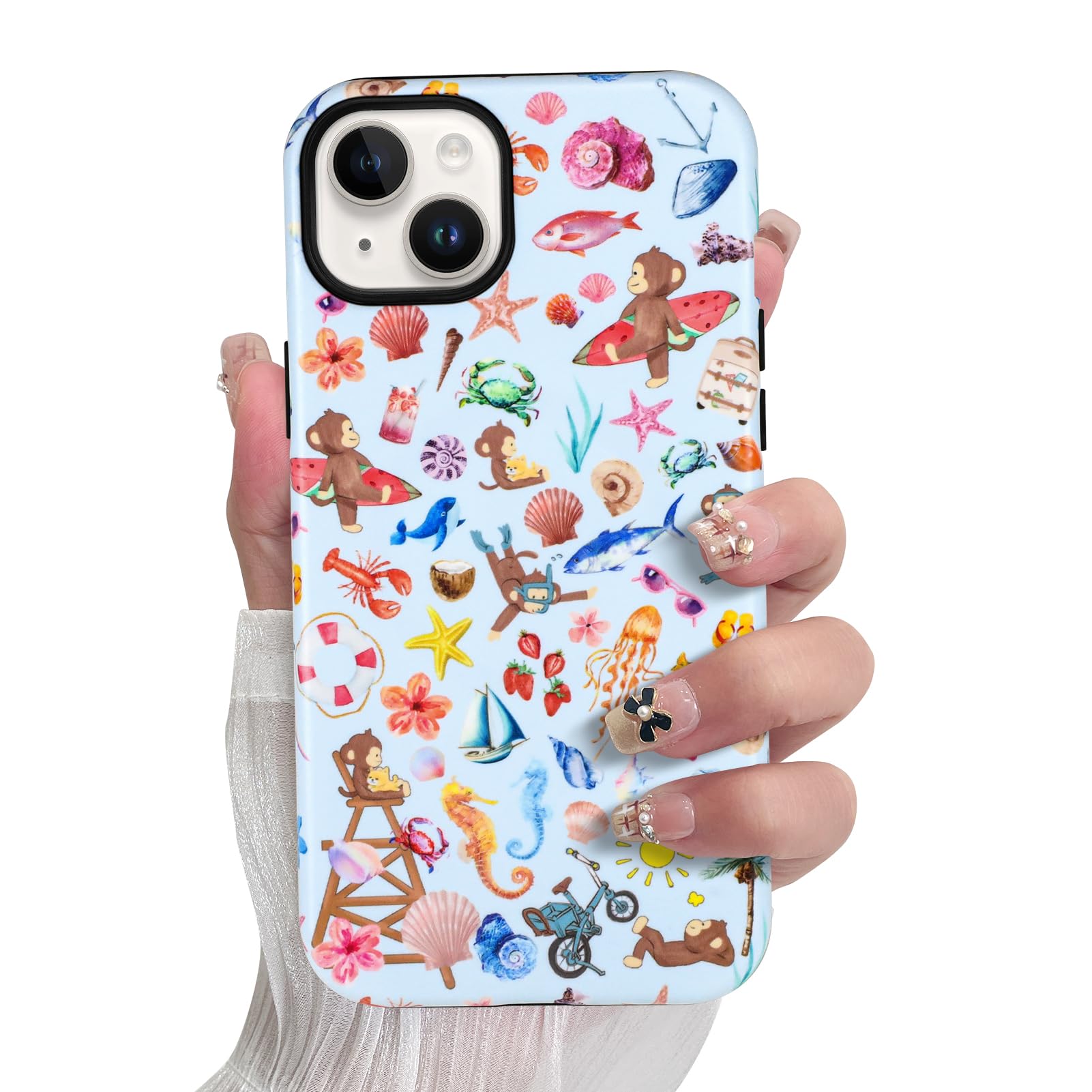 SOKAD Magnetic Monkey Phone Case for iPhone 15 Plus, Cute Summer Beach Monkeys Pattern Compatible with Magsafe Matte Protective