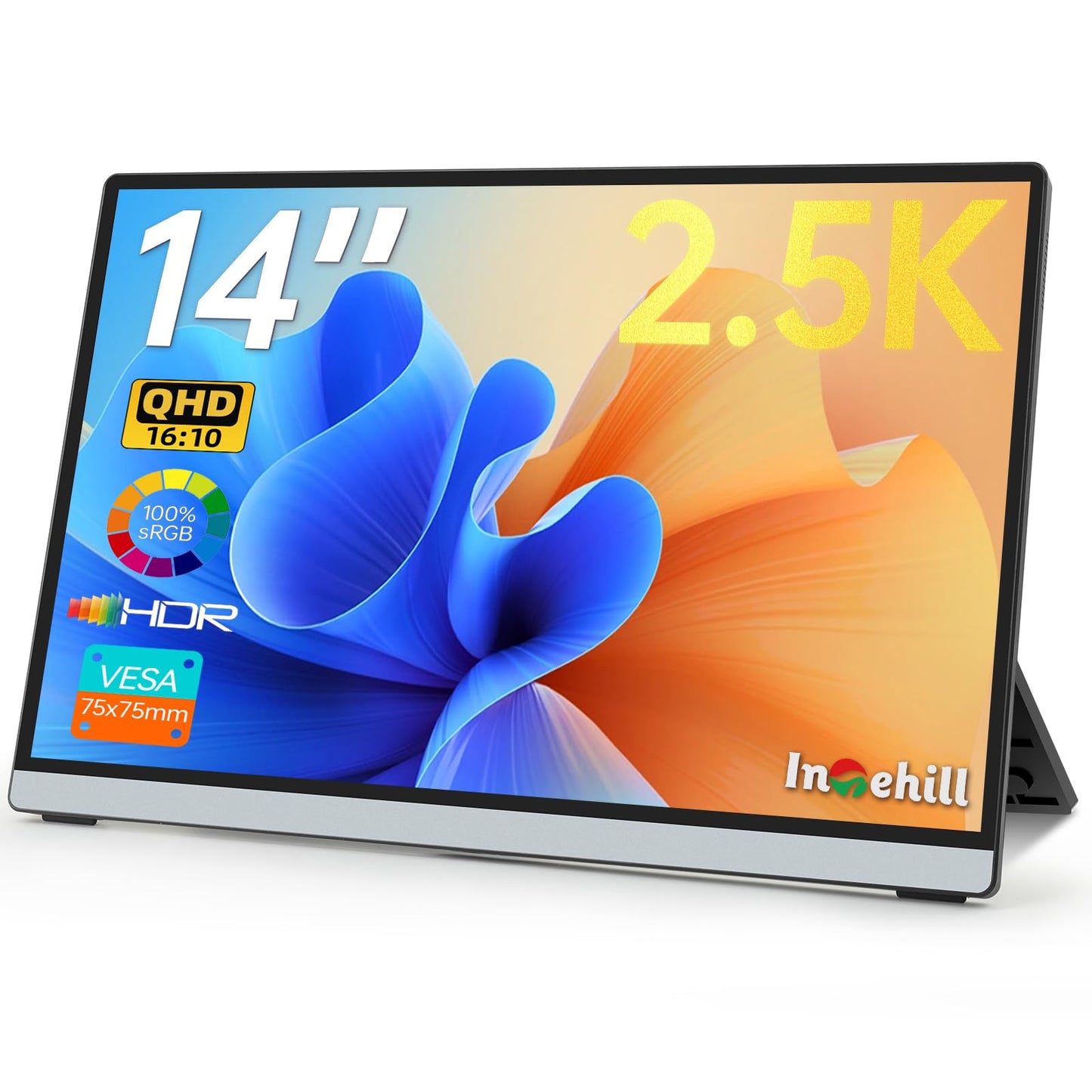 Intehill 14 Portable Monitor 2.5K, 2560x1600 Portable Screen for Laptop, 16:10 Travel Monitor with Tempered Glass, 100% sRGB HDM