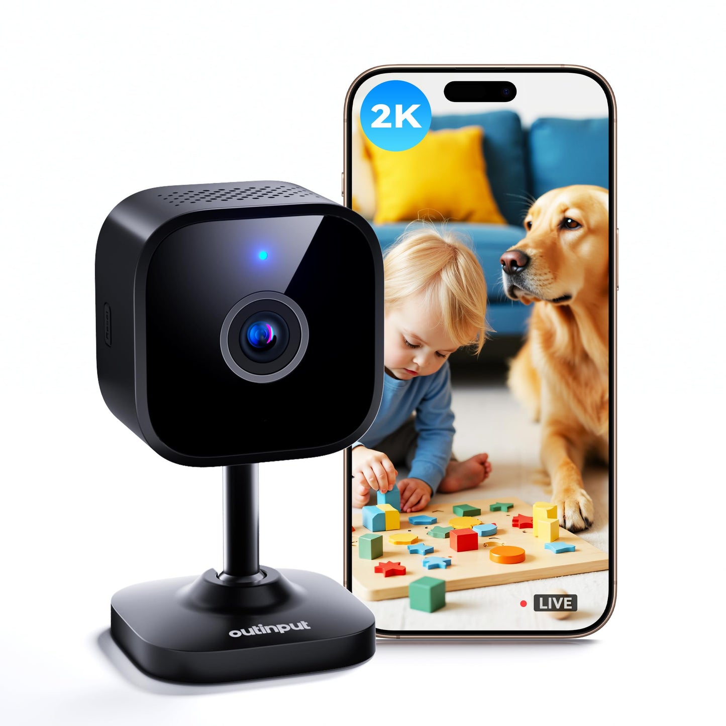 Outinput Indoor Security Camera, 2K WiFi Home Camera for Baby Monitor/Pet/Dog, Motion Detect, Night Vision, 2-Way Audio, Instant
