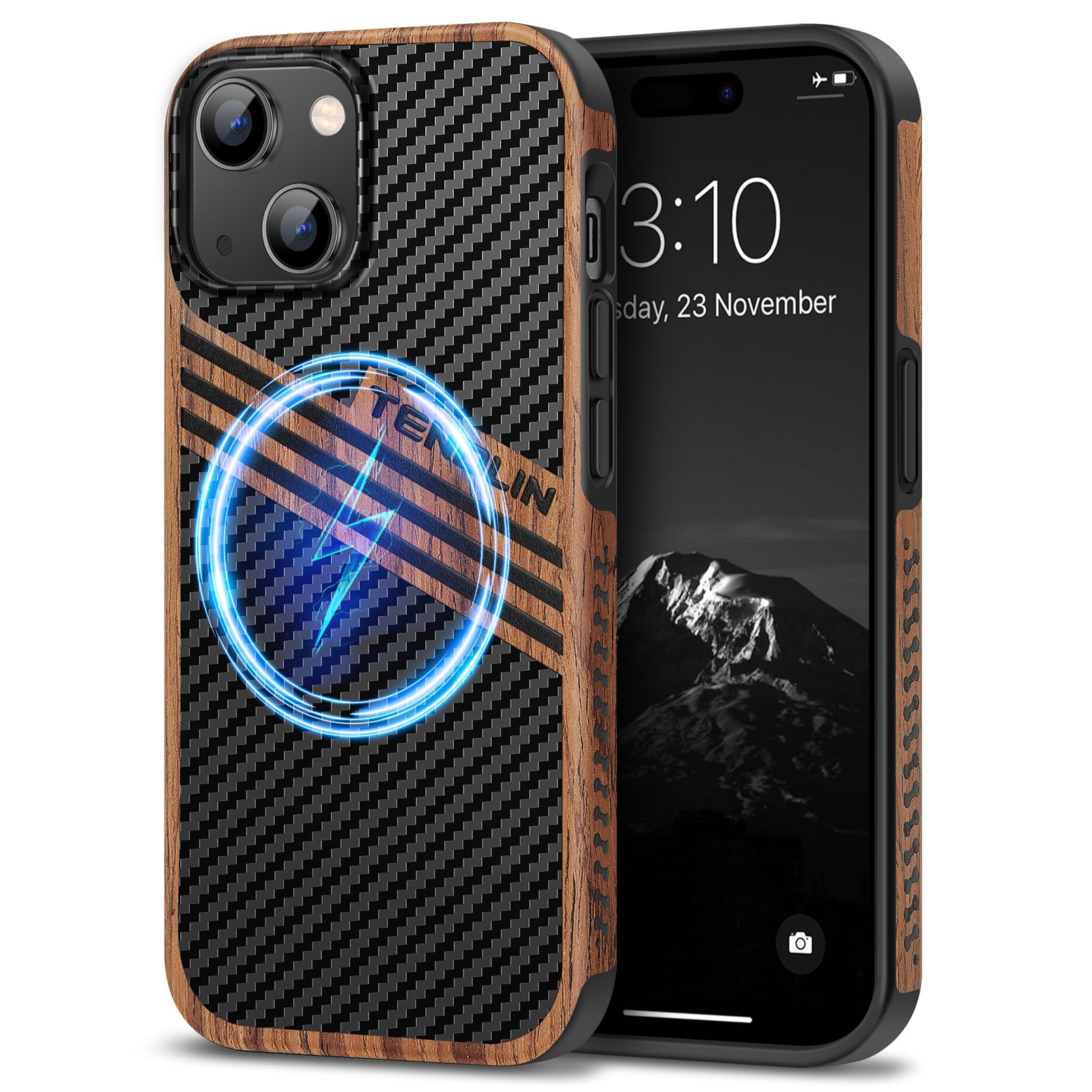 TENDLIN Magnetic Case Compatible with iPhone 15 Case Wood Grain with Carbon Fiber Texture Design Leather Hybrid Slim Cover (Comp