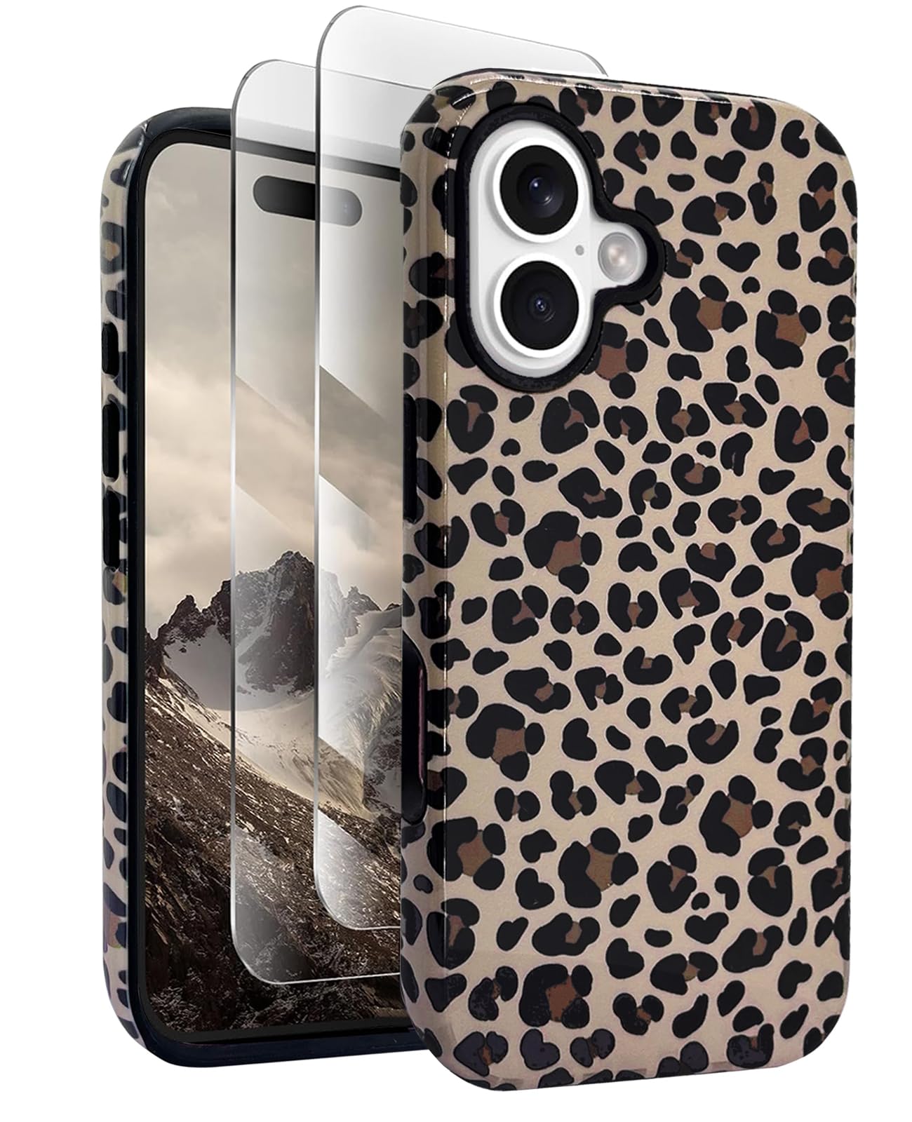 J.west Compatible with iPhone 16 Case 6.1 inch with 2 Pack Tempered Glass Screen Protectors Cute Animal Leopard Hybrid Cover for