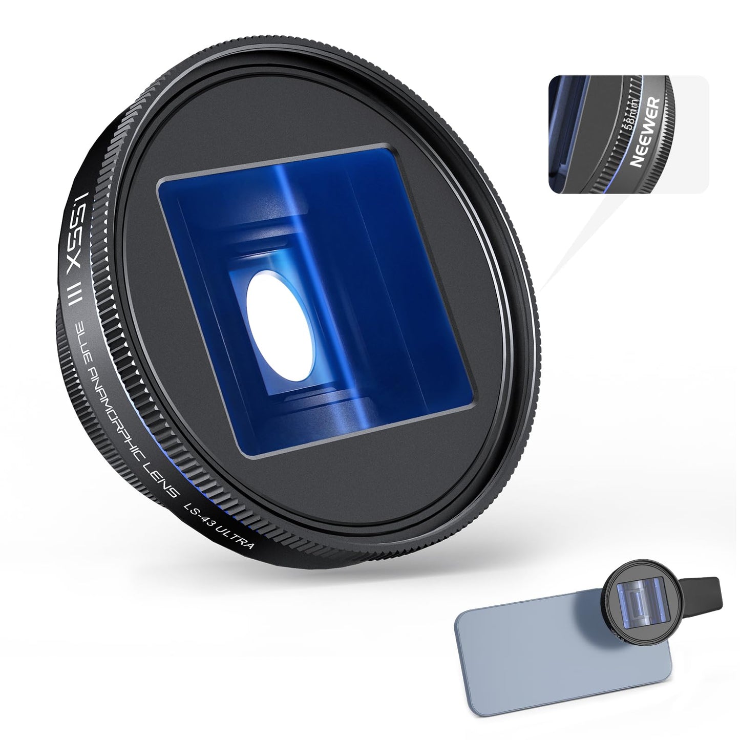 NEEWER 1.55x Blue Anamorphic Lens Compatible with iPhone Android Samsung, Phone Camera Accessories with 17mm Threaded Lens Clip