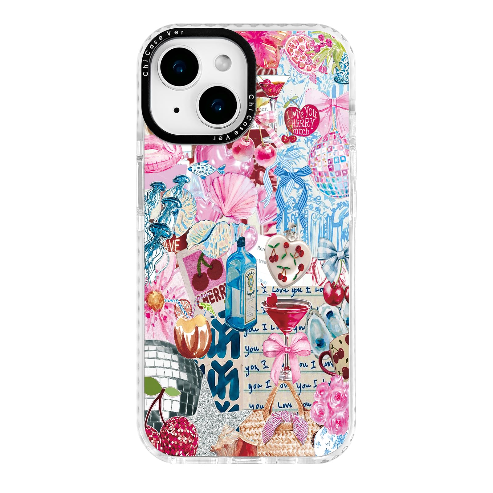 ChiCaseVer for iPhone 14 Case, Cherry Love Collage Pattern with Romantic Notes & Seashells, Festive Soft Slim TPU Protective Cov