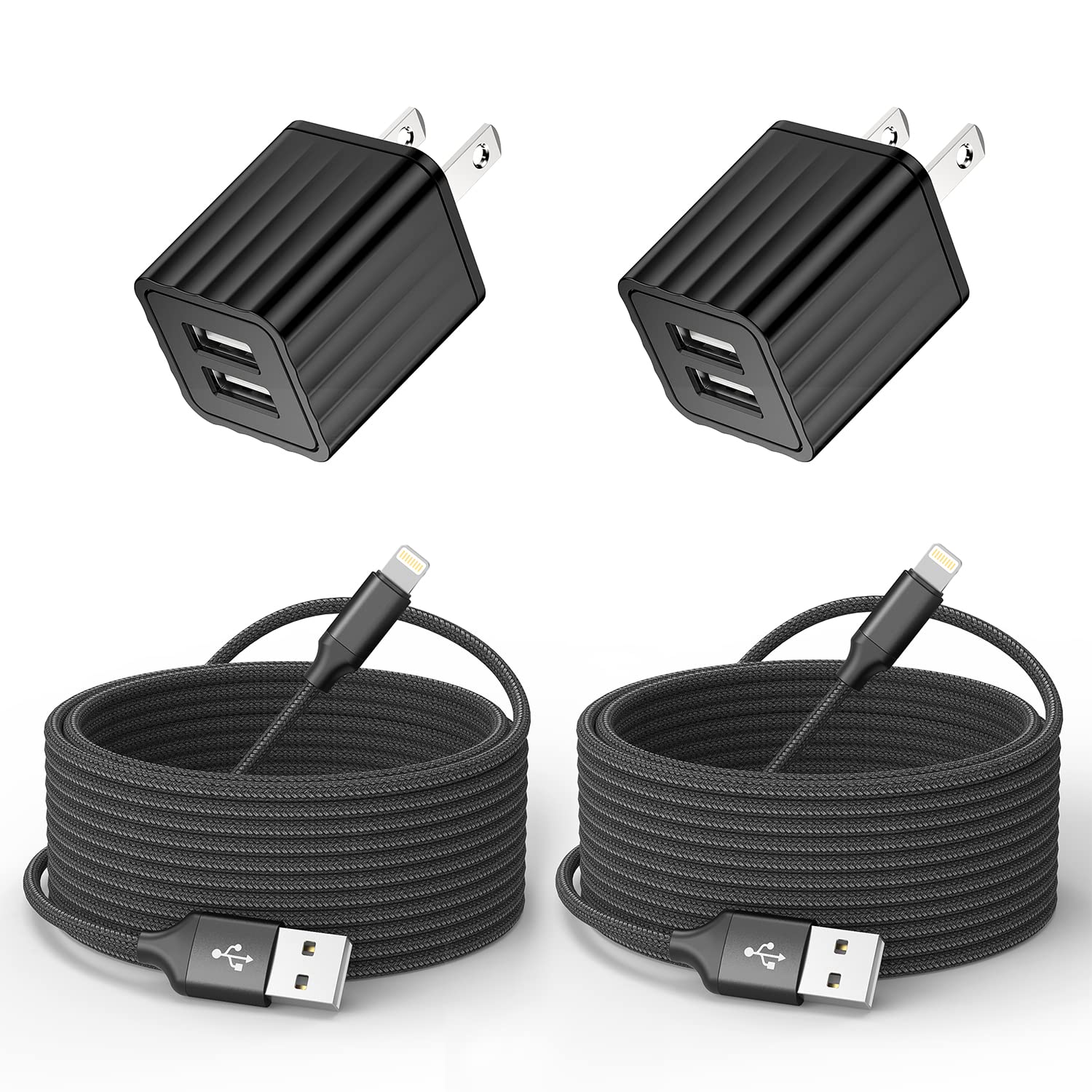 iPhone Charger 10ft, Fast i Phone Block Dual 2Port USB Wall Charger Block Adapter Plug 2 Pack & Long 10foot Fast Charging Nylon