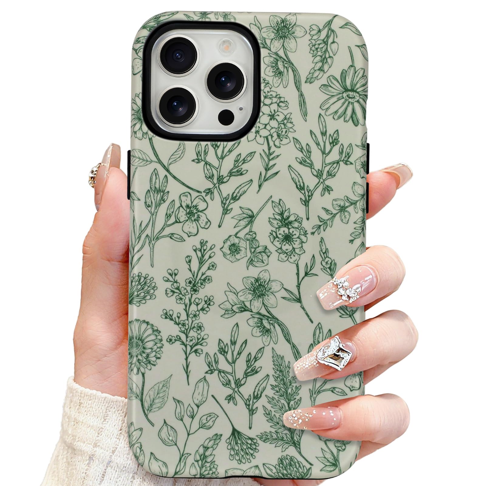 SOKAD Magnetic Sage Floral Phone Case for iPhone 15 Pro Max, Vintage Green Flower Pattern Compatible with Magsafe Matte Protecti
