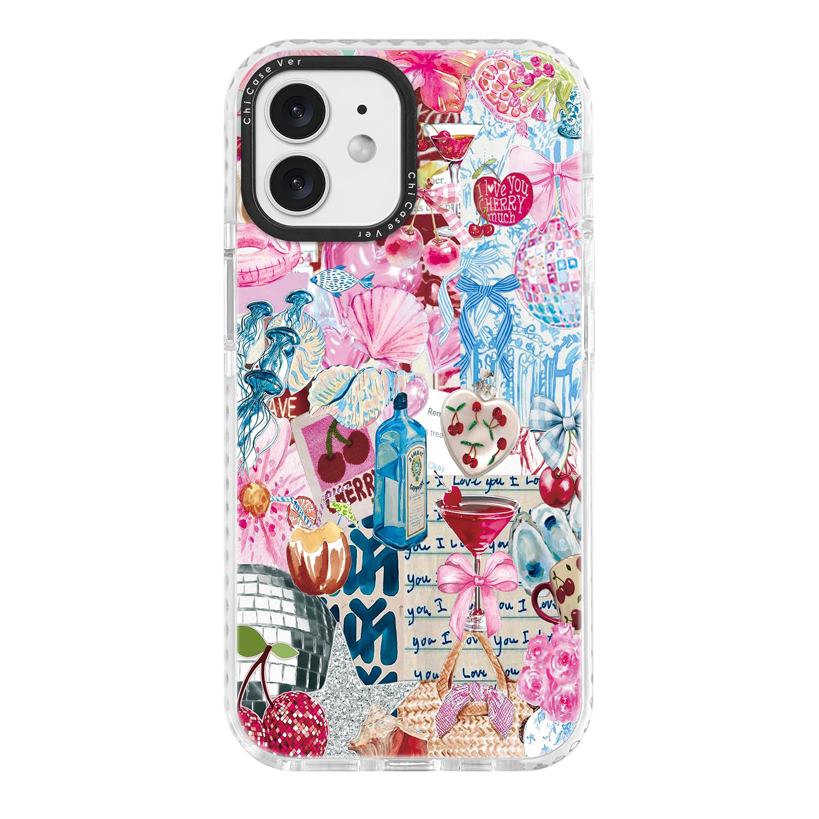 ChiCaseVer for iPhone 12 Case, Cherry Love Collage Pattern with Romantic Notes & Seashells, Festive Soft Slim TPU Protective Cov