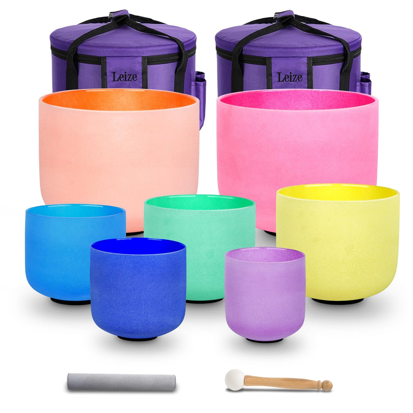 Leize 6-12 inch Lotus Design Colored Rim Chakra Tuned 432hz Set of 7 Quartz Crystal Singing Bowls with Heavy Duty Carrying Cases