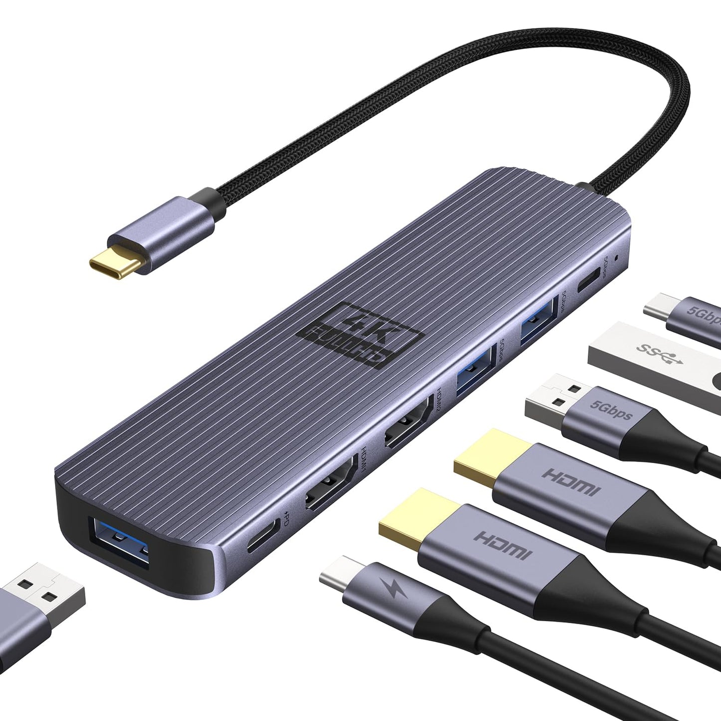 USB C to Dual HDMI Adapter, Newmight 7-in-1 USB-C Docking Station Dual Monitor Multiport Dongle with 2 HDMI 4K 60HZ, 3 USB 3.0,