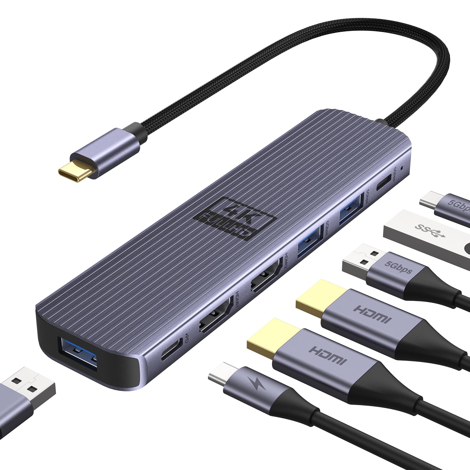 USB C to Dual HDMI Adapter, Newmight 7-in-1 USB-C Docking Station Dual Monitor Multiport Dongle with 2 HDMI 4K 60HZ, 3 USB 3.0,