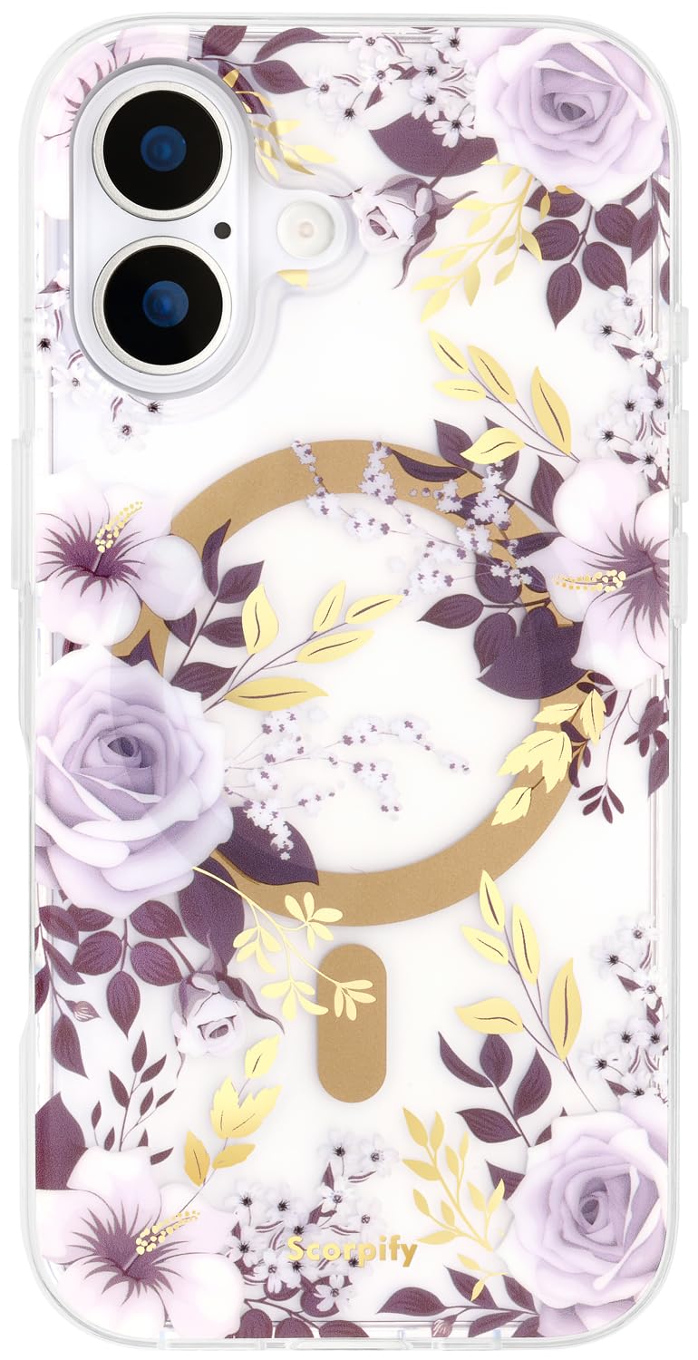 SCORPIFY for iPhone 17 Case [Compatible with MagSafe] with Purple Hibiscus and Rose Floral Design, Cute Clear Flower Magnetic Ph