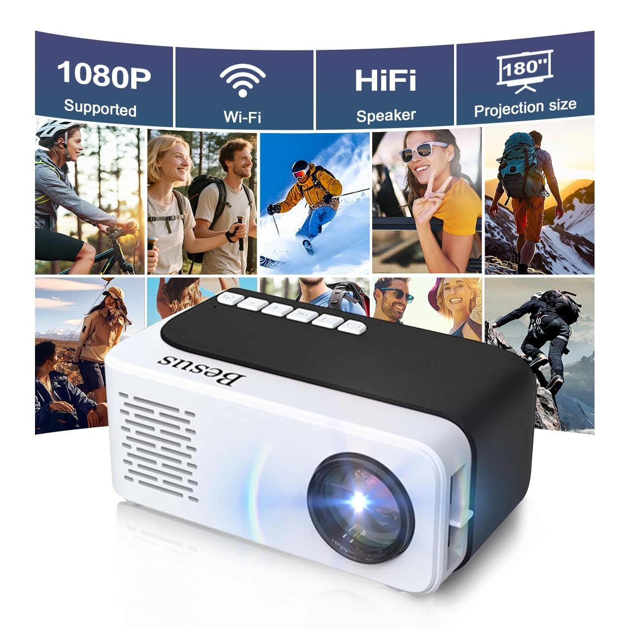 Mini Projector, HD 1080P WiFi Video Projector, Portable Outdoor Projector with Tripod, Gift for Kids, Home Theater Movie Phone P