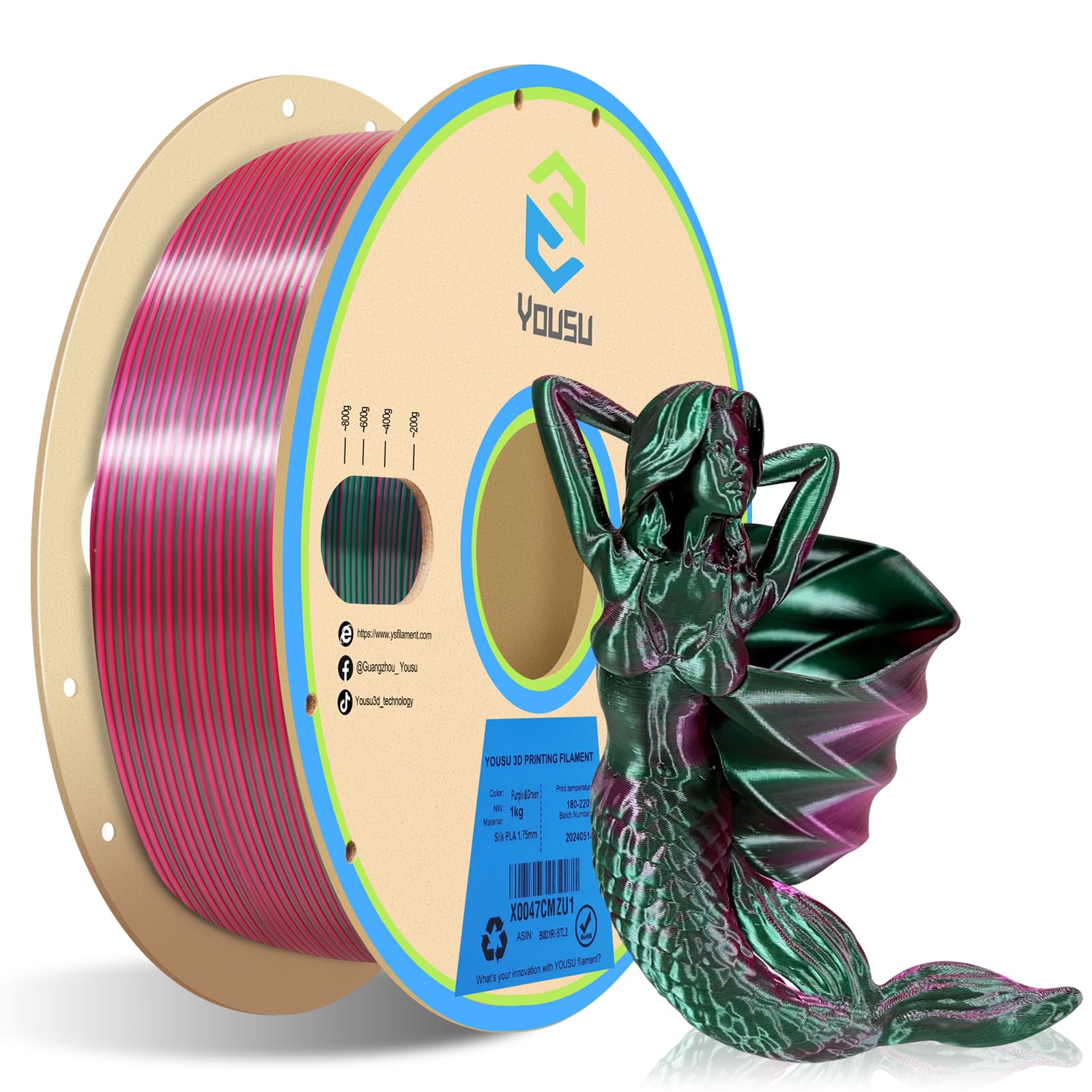 YOUSU Silk PLA Filament 1.75mm 3D Printer Filament Coextrusion Filament Dual Color, Compatible with Most of 3D Printer, Silk Pur