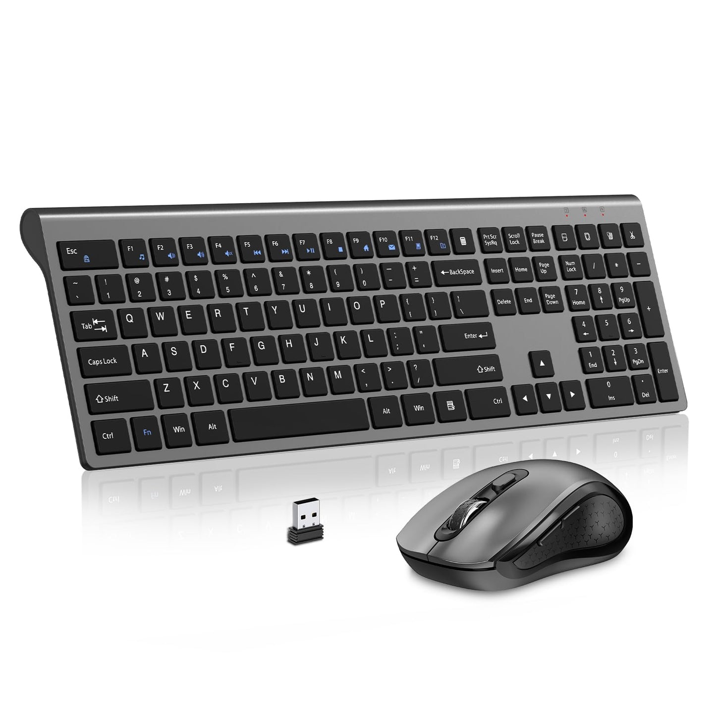 Keyboard and Mouse Wireless, Slim Full Size Keyboard with Calculator Button, Fn Lock, Silent Computer Mouse with Side Button, 24