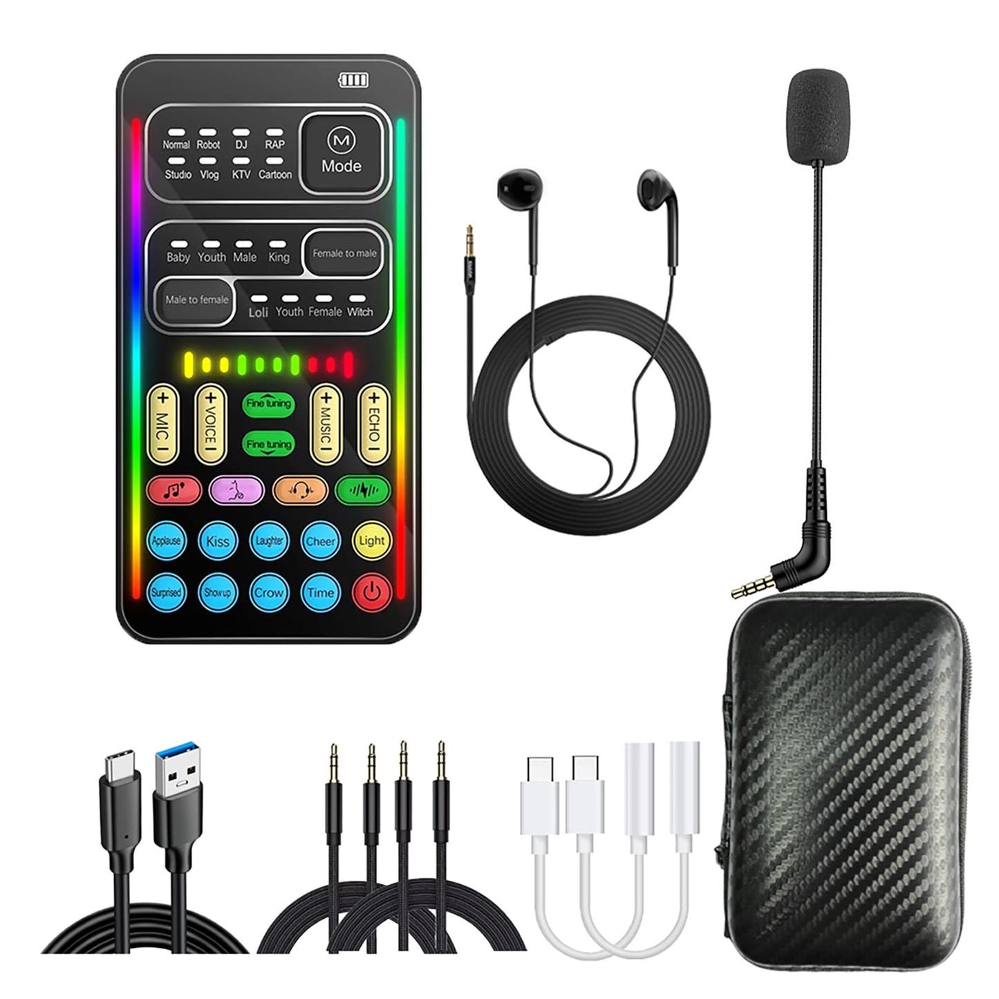 Portable Voice Changer Sound Card & Sound Effect Board Set - 16 Built-in Effects, Real-Time Modulation, with Mic and Monitoring