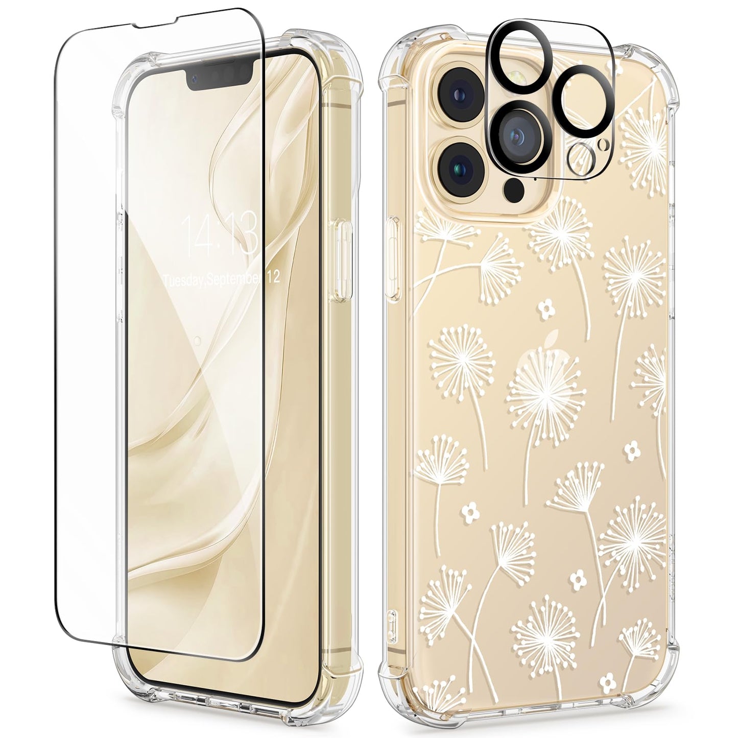 GVIEWIN Designed for iPhone 13 Pro Case 6.1 Inch, with Tempered Glass Screen Protector + Camera Lens Protector Clear Flower Soft