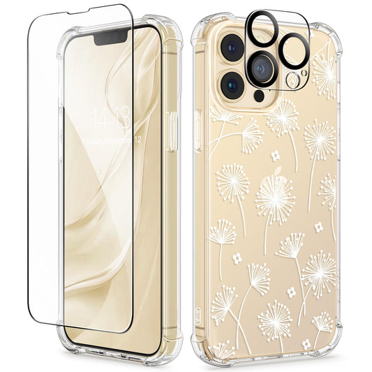 GVIEWIN Designed for iPhone 13 Pro Case 6.1 Inch, with Tempered Glass Screen Protector + Camera Lens Protector Clear Flower Soft