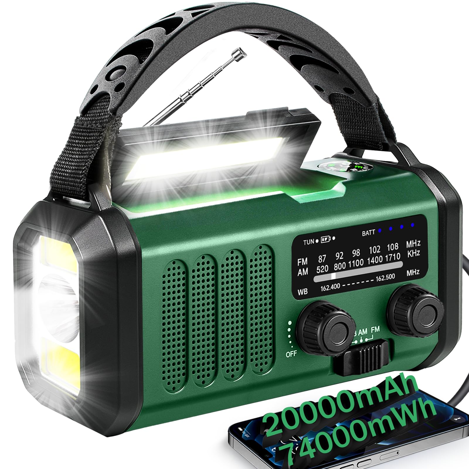 QAUYYW Hand Crank Emergency Radio,74000mWhSolar Powered Hand Crank Portable NOAA AM FM Weather Radio with 3Mode Flashlight and R