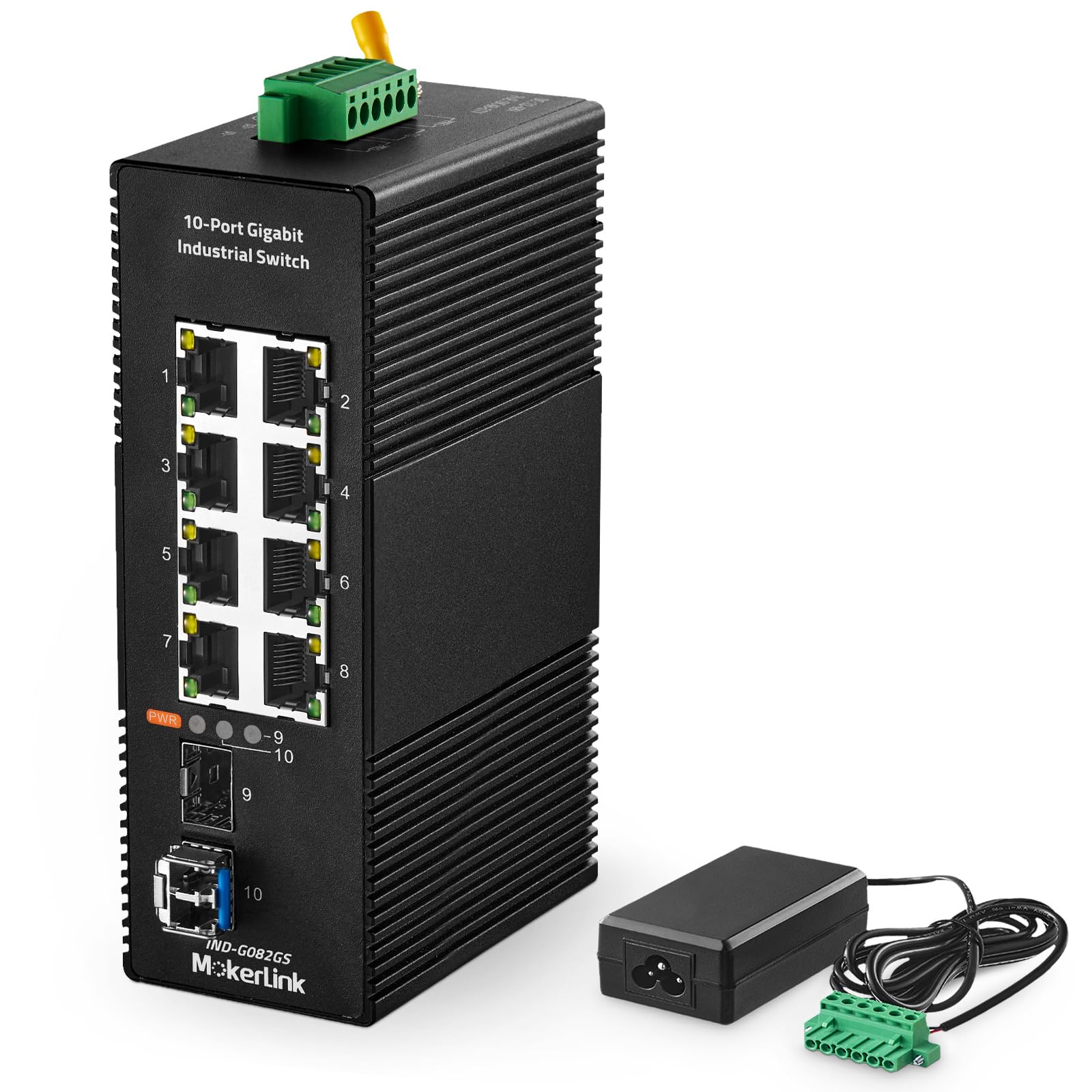 MokerLink 8 Port Gigabit Industrial DIN-Rail Ethernet Switch, 2 SFP Ports with 1 LC 20KM Module(SMF), IP40 Rated Unmanaged Netwo