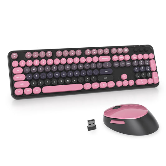 Guffercty kred Black and Pink Keyboard and Mouse Wireless, Retro Typewriter Cute Colorful Wireless Keyboard Full-Size 2.4GHz wit