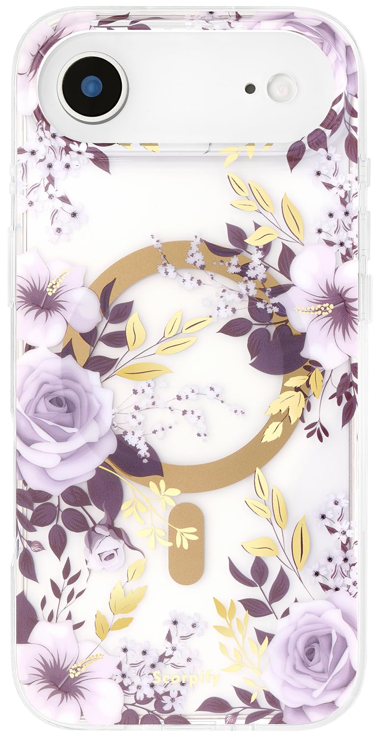 SCORPIFY for iPhone 17 Air Case [Compatible with MagSafe] with Purple Hibiscus and Rose Floral Design, Cute Clear Flower Magneti