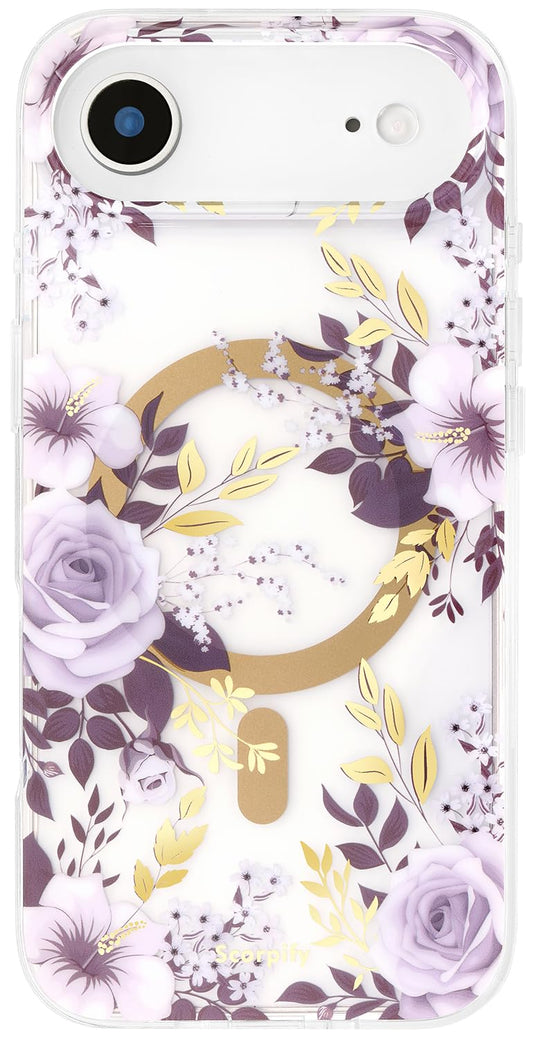 SCORPIFY for iPhone 17 Air Case [Compatible with MagSafe] with Purple Hibiscus and Rose Floral Design, Cute Clear Flower Magneti