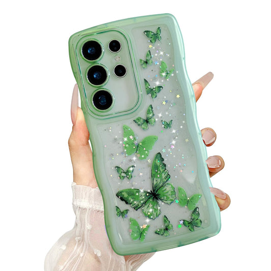UEEBAI Wave Butterfly Case for Samsung Galaxy S25 Ultra Case, Pretty Bling Star Butterfly for Women Cute Shiny Glitter Phone Cov