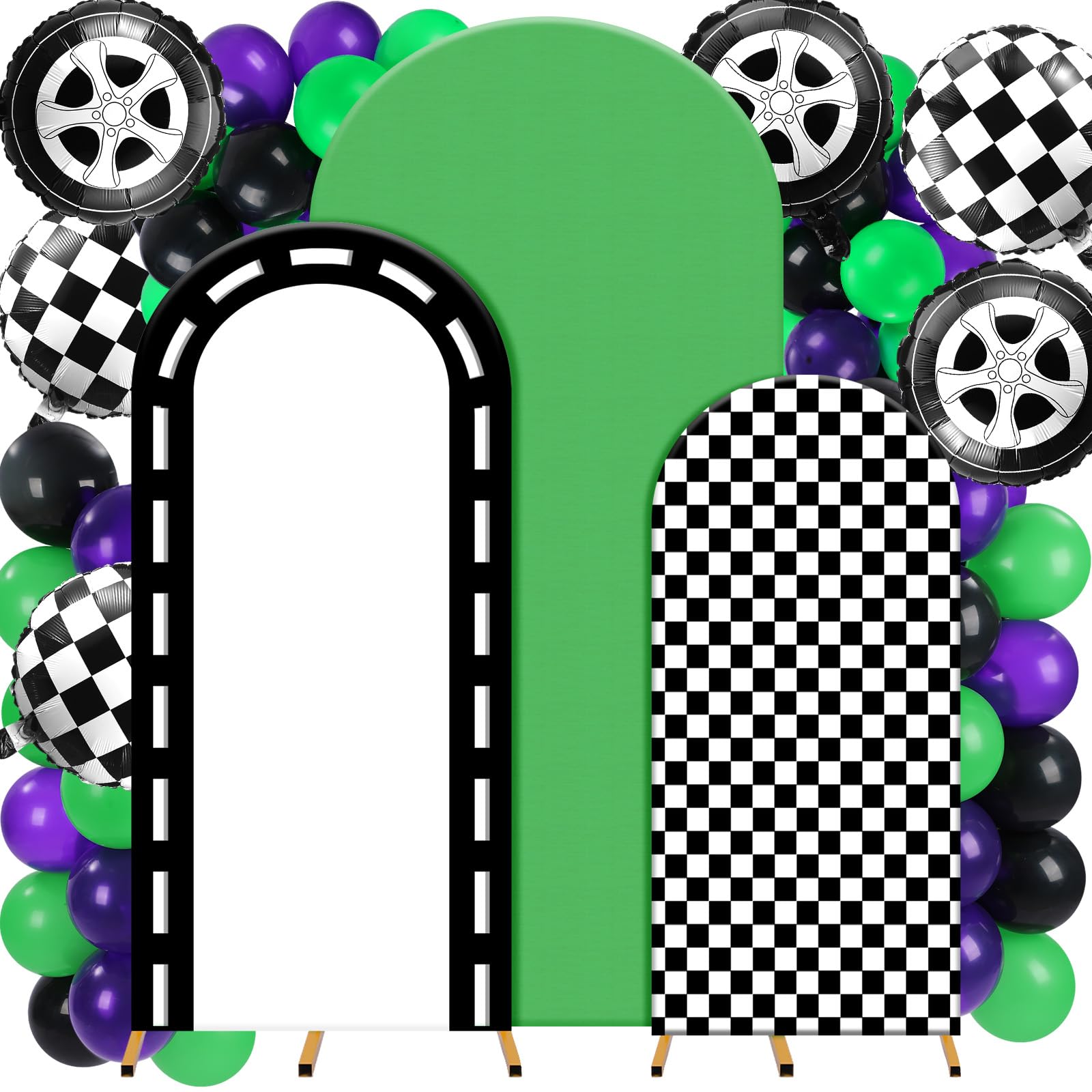 Foilswirl 34 Pcs Arch Backdrop Covers Monster Truck Party Decorations 4ft 5ft 6ft Monster Truck Checkered Backdrop with Green Pu