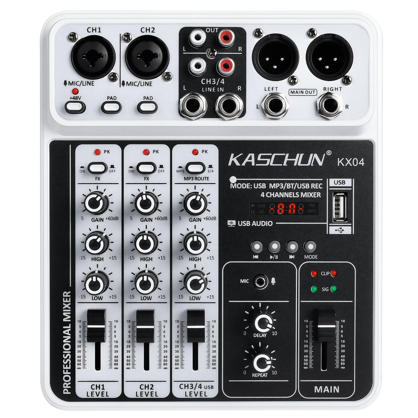 Professional audio mixer, 4-channel DJ mixer, Bluetooth sound mixer, supports USB/MP3/BT computer input, 48V phantom power stere