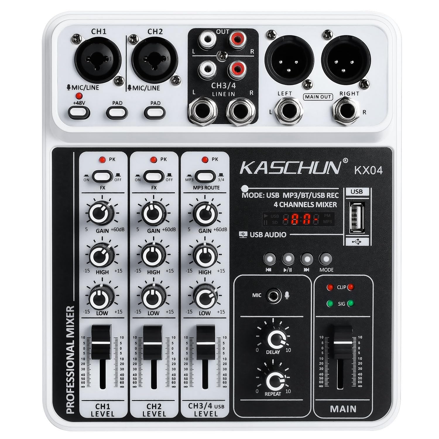Professional audio mixer, 4-channel DJ mixer, Bluetooth sound mixer, supports USB/MP3/BT computer input, 48V phantom power stere