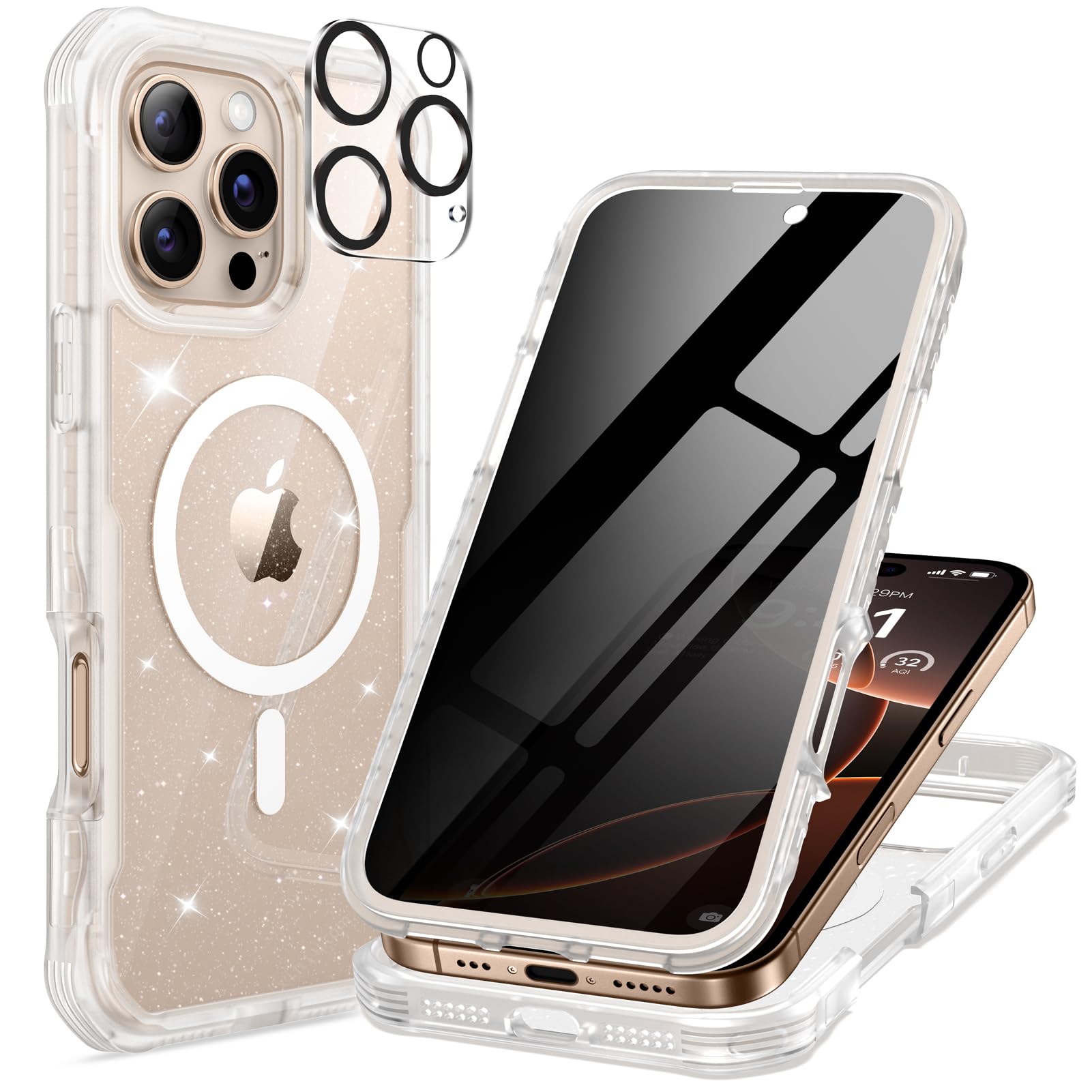 seacosmo for iPhone 16 Pro Max Case for Women, Full Body with Built-in Privacy Screen and Camera Lens Protector, Anti-Yellowing,