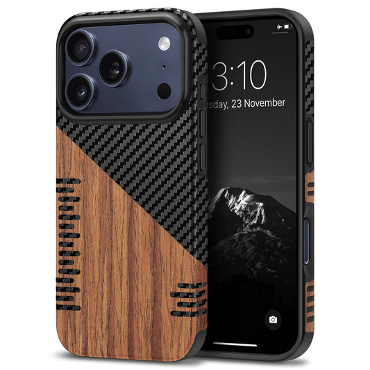 TENDLIN Compatible with iPhone 17 Pro Max Case Wood Grain with Carbon Fiber Texture Design Leather Hybrid Slim Case (Twill)