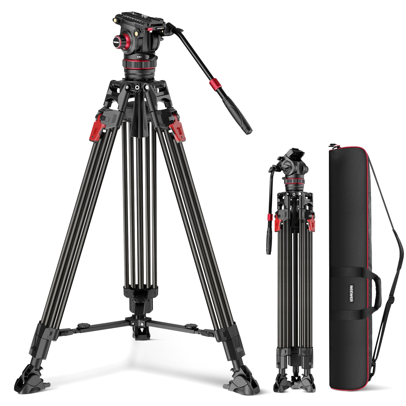 NEEWER 78 Video Camera Tripod Carbon Fiber with Damping Adjustable Fluid Head, One Step Quick Release with QR Plate & Handle, He