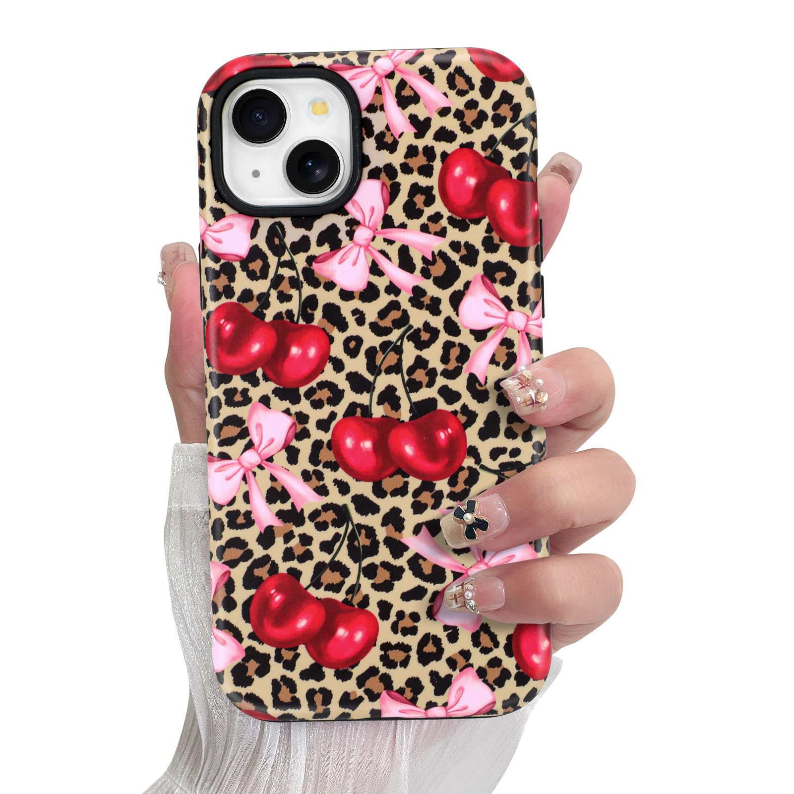 SOKAD Magnetic Cherry Bow Phone Case for iPhone 15 Plus, Cute Cherry Pink Bow Vintage Leopard Pattern Compatible with Magsafe Ma