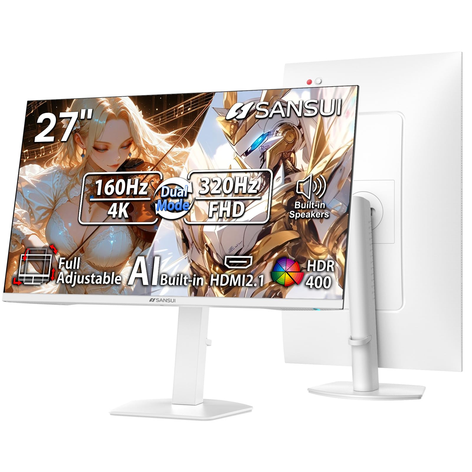 SANSUI 27 4K Gaming Monitor, UHD 160Hz or FHD 320Hz Dual Mode PC Monitor- Fast IPS 1ms(OD) ?2  HDMI2.1?2  DP 1.4?Built-in Speake