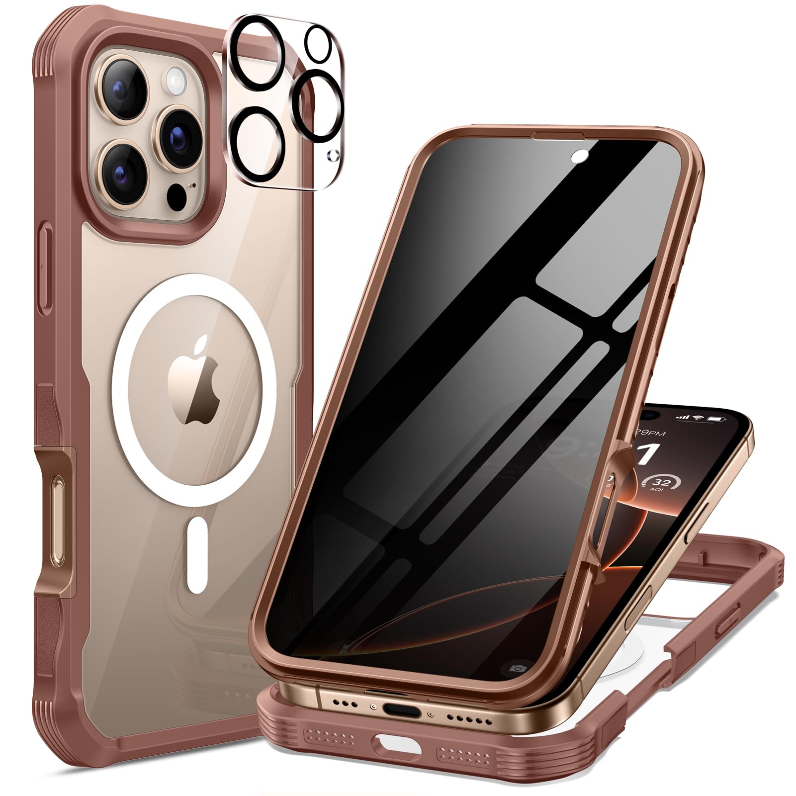 seacosmo for iPhone 16 Pro Max Case, Full Body Bumper with Built-in 9H Tempered Glass Privacy Screen Protector and Camera Lens P