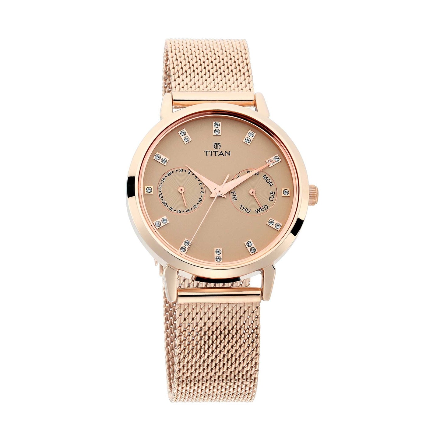 Titan Sparkle Women’S Multi-Functional Dress Watch With Swarovski Crystals | Quartz, Water Resistant, Mesh Band | Gold Band And Gold Dial