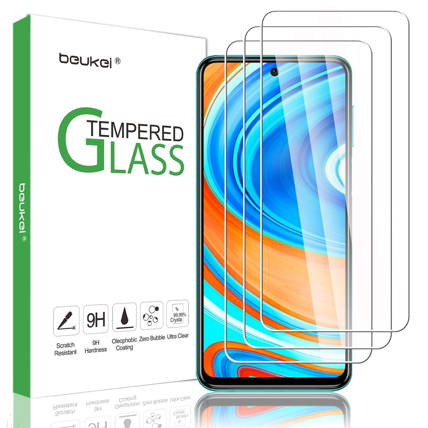 beukei 3 Pack Tempered Glass Screen Protector for Xiaomi Redmi Note 9S / 9 Pro 5G, Anti Scratch, Bubble Free