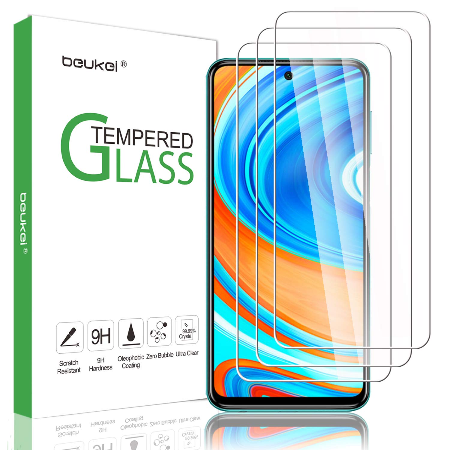 beukei 3 Pack Tempered Glass Screen Protector for Xiaomi Redmi Note 9S / 9 Pro 5G, Anti Scratch, Bubble Free