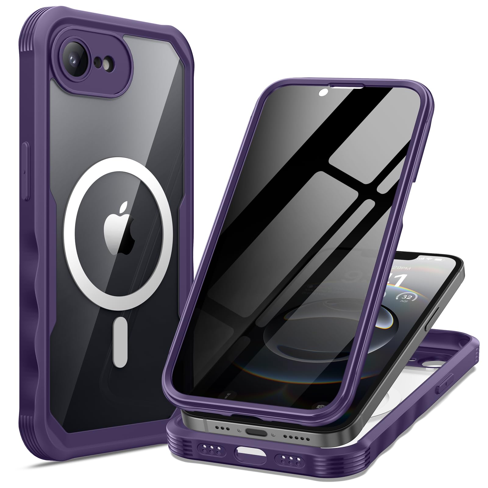 seacosmo for iPhone 16e Case, Full Body Bumper with Built-in 9H Tempered Glass Privacy Screen Protector and Camera Lens Protecti