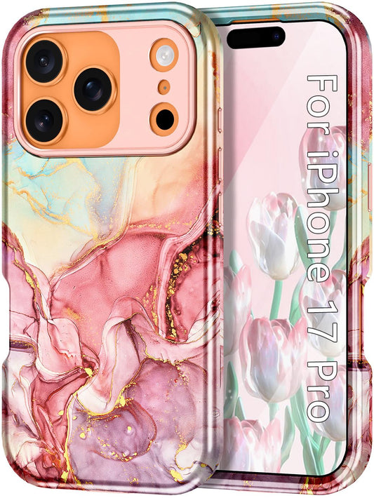 Btscase Compatible with iPhone 17 Pro Case 6.3 Inch 2025,Marble Pattern 3 in 1 Heavy Duty Shockproof Full Body Rugged Hard PC+So