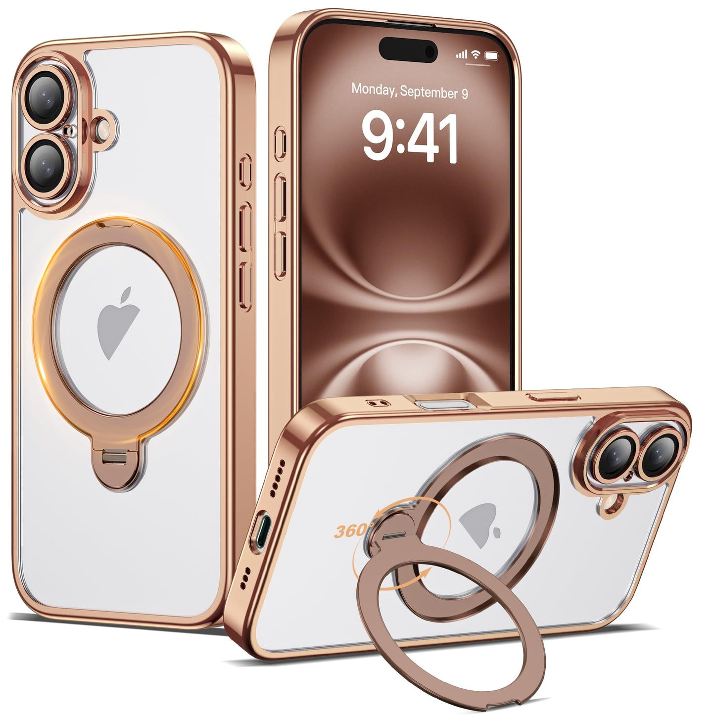 AmoraAqua Compatible with iPhone 16 Case with 360 Rotatable Magnetic Ring Stand [Compatible with Mag-Safe] Full Camera Lens Prot