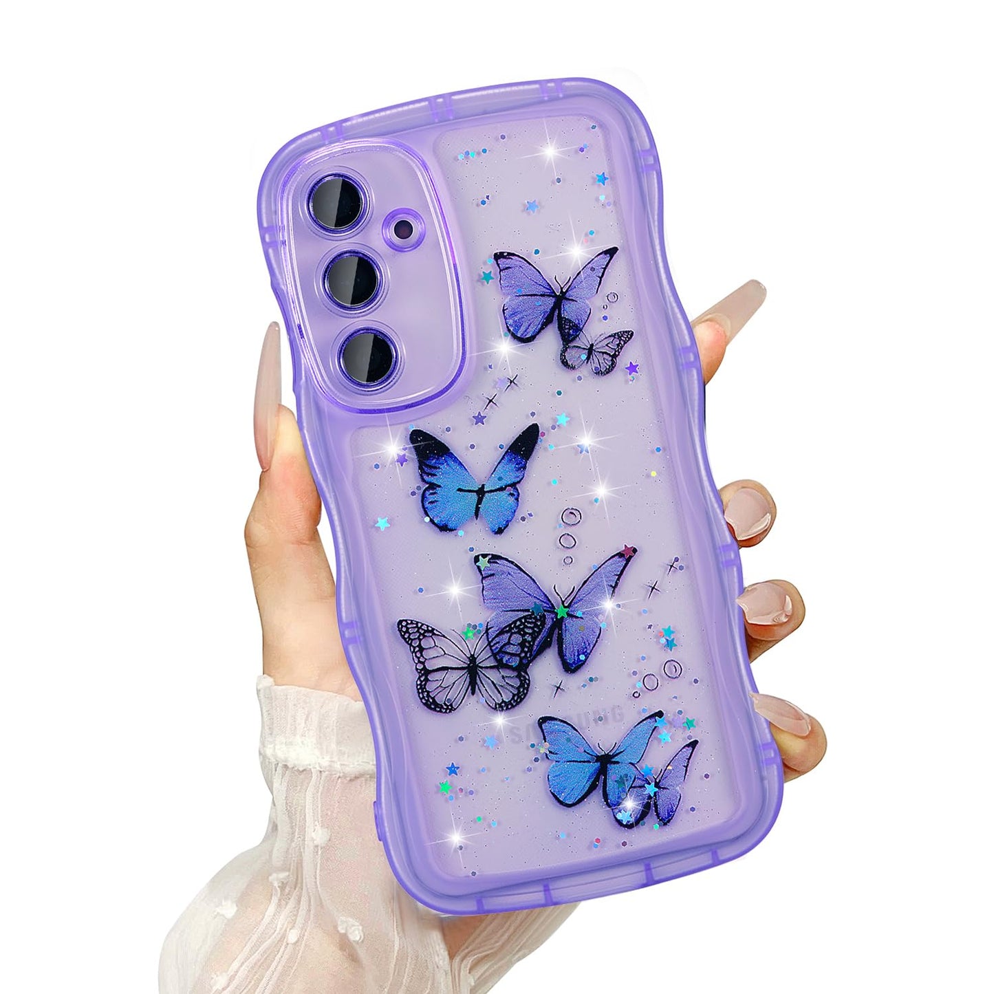 UEEBAI Wave Butterfly Case for Samsung Galaxy S24 Case, Pretty Bling Star Butterfly for Women Cute Shiny Glitter Phone Cover for